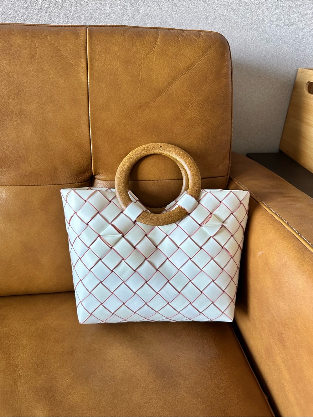 Woven Cream Tote with Red Stitch Detailing and Wooden Ring Handles